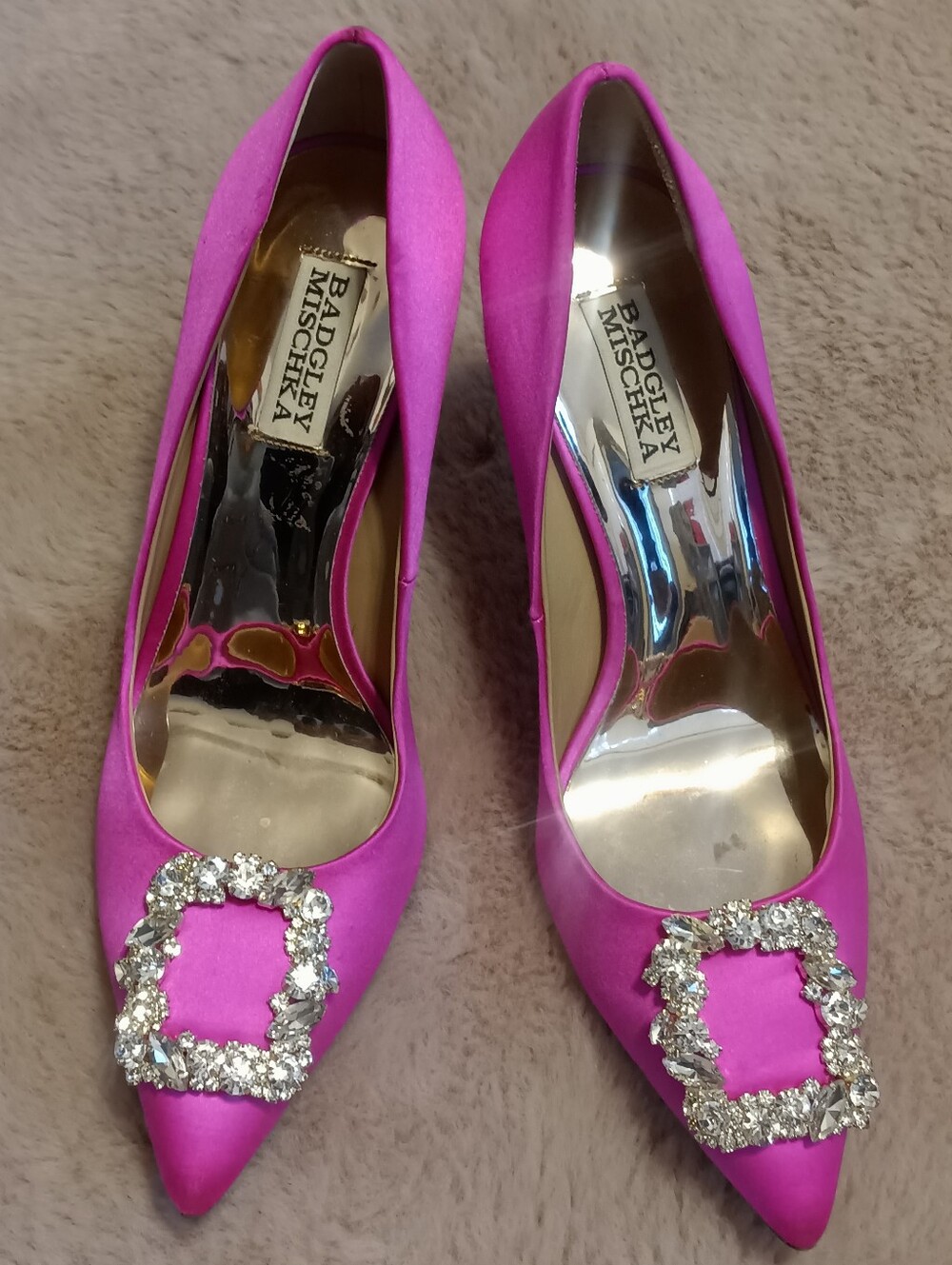 Badgley Mischka "Cher" Crystal Embellished Satin Pumps - Hot Pink (Size 8.5)